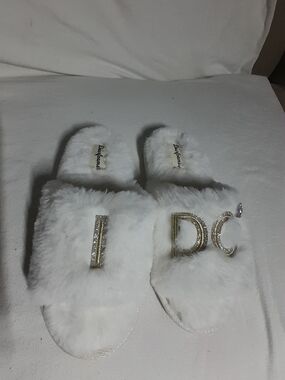 White Faux Fur Slide Slippers with Sparkling Letter Accents
